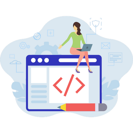 Webpage coding by female developer  Illustration