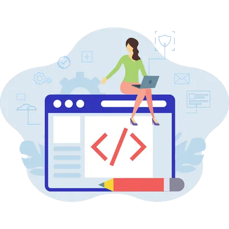 Webpage coding by female developer  Illustration