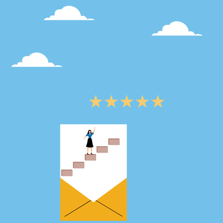 Webpage with woman on ladder in envelope points to rating  Illustration