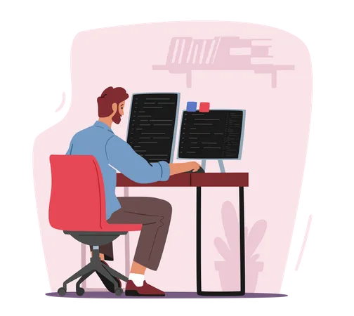 Website Programming Concept Programmer Or Designer Male Character Working On Computer And Tablet Pc Coding Creating New Website Software Or Application Web Development Cartoon Vector Illustration Illustration