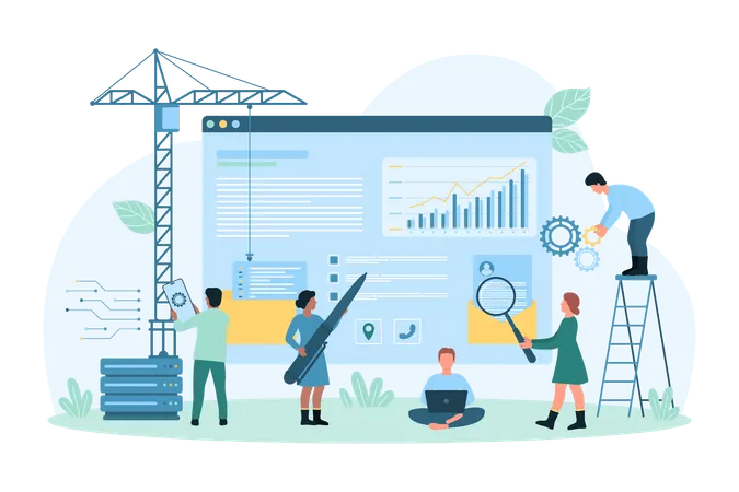 Website Under Construction Vector Illustration Cartoon Tiny People Build New Design And Develop Digital Content Plan SEO Data Optimization And User Friendly Interface Webpage Engineering Process Illustration