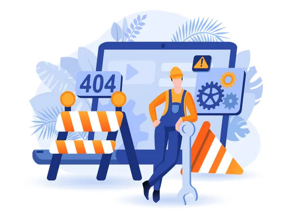 Website Under Construction Scene Builder Stands With Huge Spanner Among Safety Barriers Web Page Unavailable Renovations In Progress Concept Vector Illustration Of People Characters In Flat Design Illustration