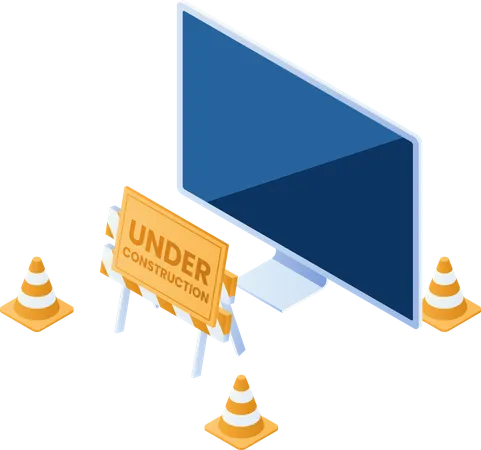 3 D Isometric Web Banner PC Monitor With Under Construction Barrier And Traffic Cones Website Under Maintenance Concept Illustration