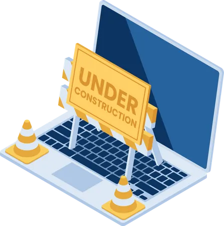 Flat 3 D Isometric Laptop With Under Construction Barrier And Traffic Cones Website Under Maintenance Concept Illustration