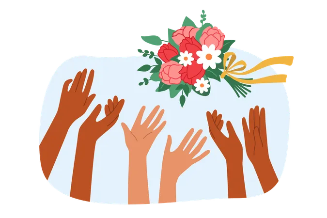 Wedding bouquet over hands of maids of honor fighting for flowers thrown by bride  Illustration