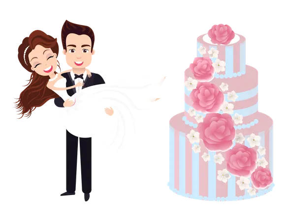 Groom Holding Bride Smiling Couple Portrait View Of Happy People Wedding Festive Big Holiday Cake Decorated By Flowers Pink Dessert Newlywed Vector Illustration