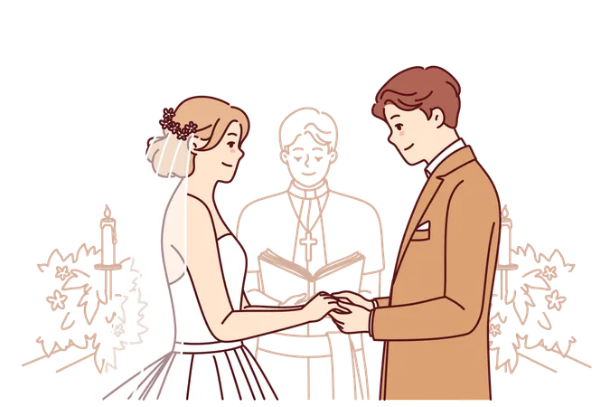 Bride And Groom On Altar Hold Hands And Listen To Speech Of Priest During Wedding Ceremony In Church Wedding Ceremony With Man And Woman Want To Create New Family For Living Together Illustration
