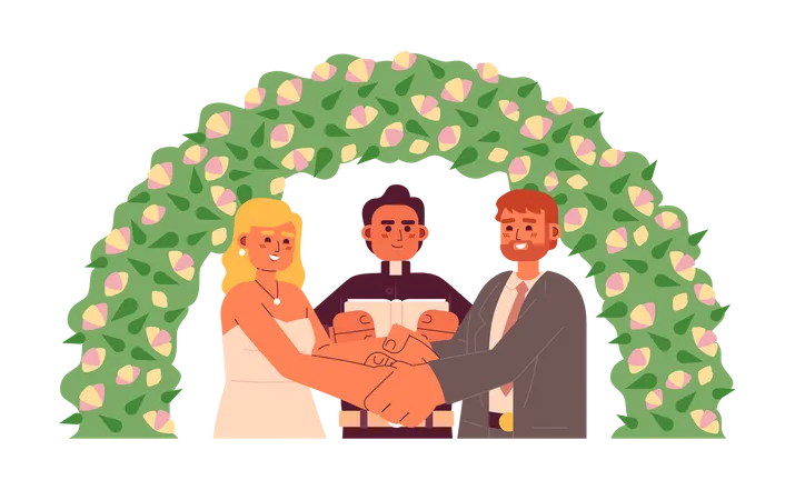 Pastor Officiating Bride Groom Wedding Semi Flat Colorful Vector Characters Happy Couple Under Floral Arch Editable Half Body People On White Simple Cartoon Spot Illustration For Web Graphic Design Illustration