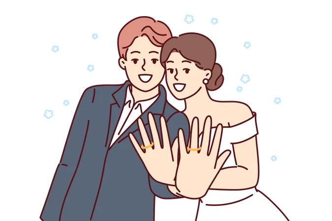 Marriage Ceremony Of Man And Woman With Wide Smile Showing Wedding Rings On Fingers Loving Couple Of Guy And Girl Experience Romantic Feelings Pose After Registering Wedding Or Family Union Illustration