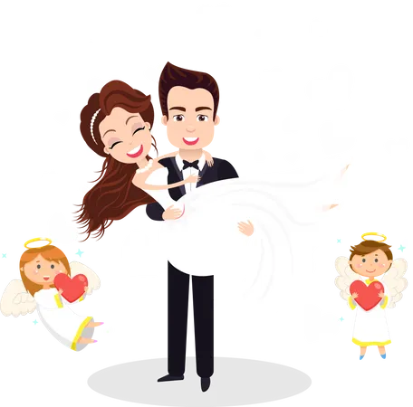Husband Holding Wife Newlyweds Portrait View Angel Characters With Heart Valentine Postcard In Blue Color Woman Embracing Man Wedding Vector Illustration