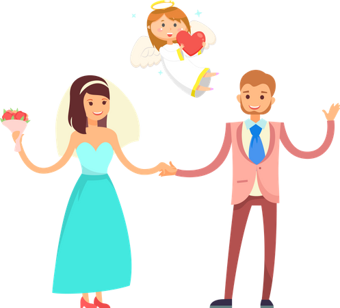 Wedding Couple and Cupid Angel, Bride and Groom  Illustration