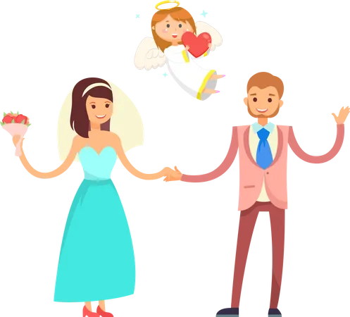 Bride And Groom Wedding On Valentines Day Cupid Angel With Heart Vector Marriage Ceremony Woman In Gown With Veil And Bouquet Man In Tuxedo And Tie Illustration