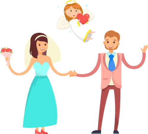 Wedding Couple and Cupid Angel, Bride and Groom  Illustration