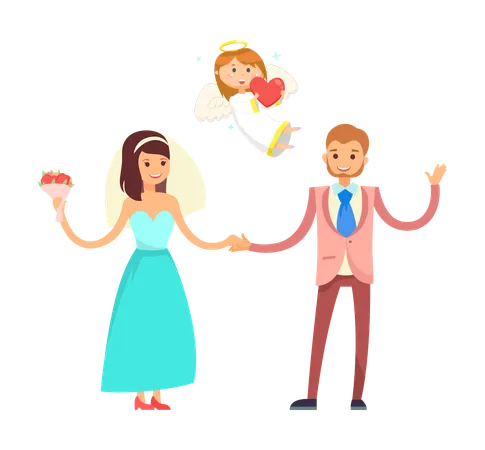 Bride And Groom Wedding On Valentines Day Cupid Angel With Heart Vector Marriage Ceremony Woman In Gown With Veil And Bouquet Man In Tuxedo And Tie Illustration
