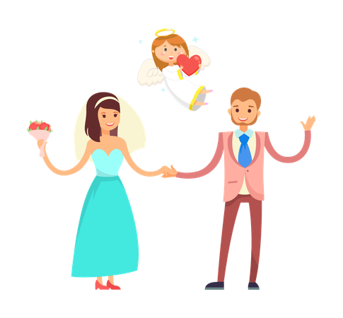 Wedding couple and cute angel  Illustration