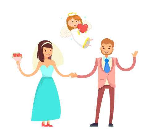 Wedding couple and cute angel  Illustration