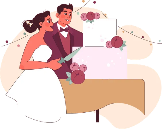 Wedding couple cutting wedding cake  Illustration