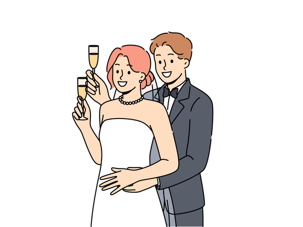 Wedding couple drinks wine together  Illustration