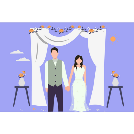 Wedding couple holding hands on wedding day  Illustration