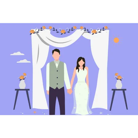 Wedding couple holding hands on wedding day  Illustration