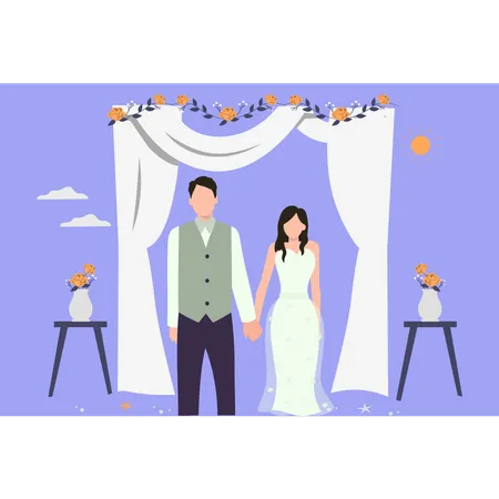 Wedding couple holding hands on wedding day Illustration
