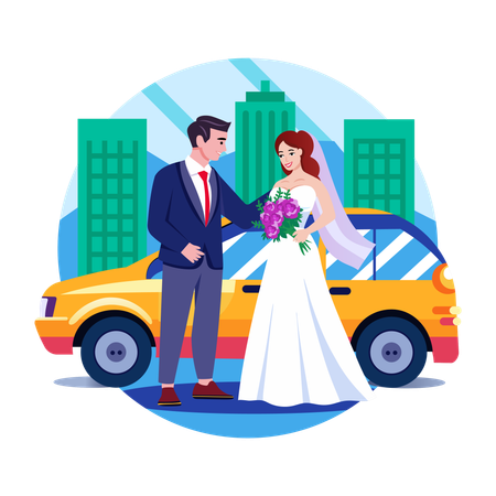 Wedding couple in car  Illustration