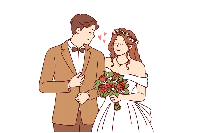 Wedding Ceremony At Bride And Groom In Beautiful Outfits Holding Hands During Engagement In Church Woman With Bouquet Flowers Stands Near Husband At Wedding Ceremony Posing Together For Family Photo Illustration