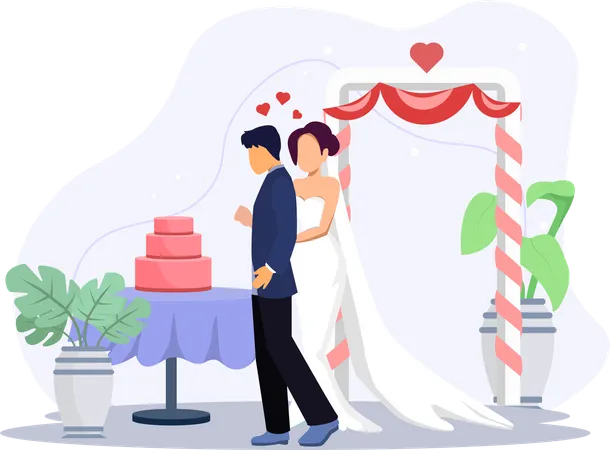 Wedding couple standing near cake  Illustration