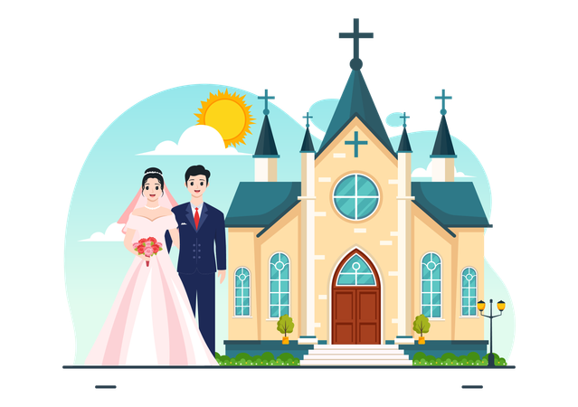Wedding Couple standing near Church  Illustration