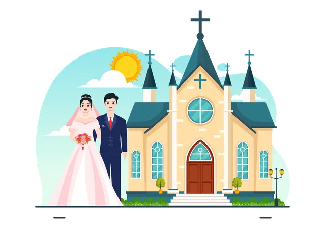 Wedding Couple standing near Church  Illustration