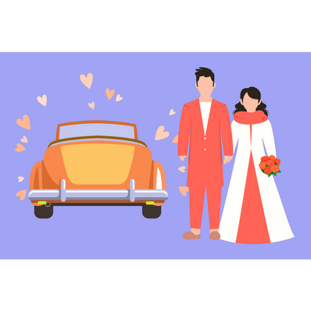 Wedding couple standing next to wedding car Illustration
