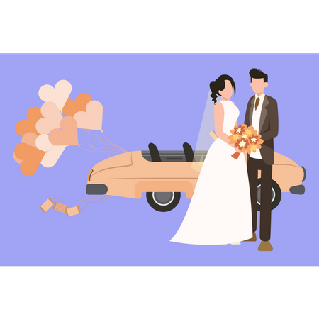 Wedding couple standing next to wedding car Illustration