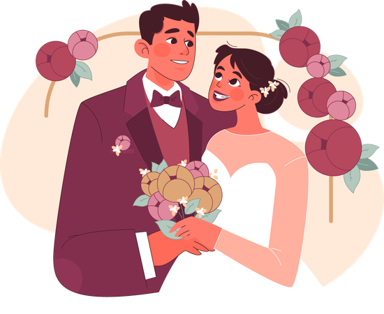 Wedding couple standing together with flower bouquet  イラスト