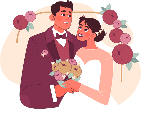 Wedding couple standing together with flower bouquet  Illustration