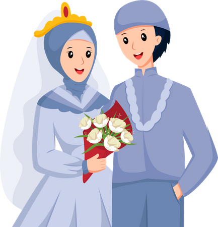 Wedding Couple with Bouquet Flower  Illustration