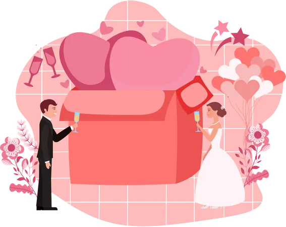 Wedding Couple With Gift Illustration