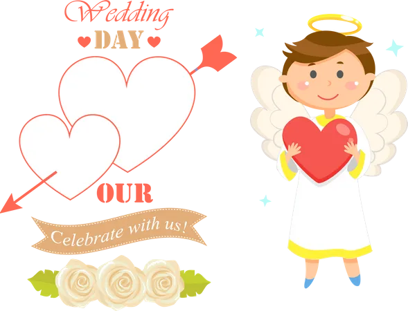 Angel With Heart Vector Wedding Date With Names And Banners Angel Kid With Wings And Nimbus Romantic Card Child With Halo Celebration Of Matrimony Illustration