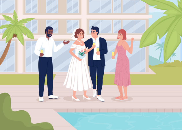 Wedding party near swimming pool  Illustration