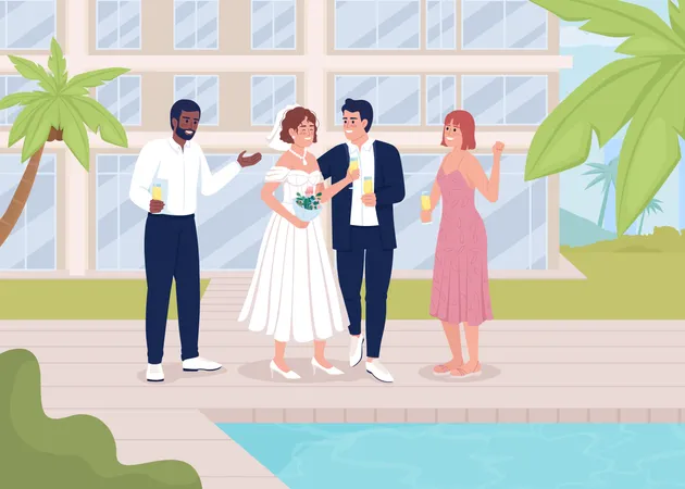 Wedding Party Near Swimming Pool Flat Color Vector Illustration Happy Event At Tropical Resort Fully Editable 2 D Simple Cartoon Characters With Fancy Building And Palm Trees On Background Illustration