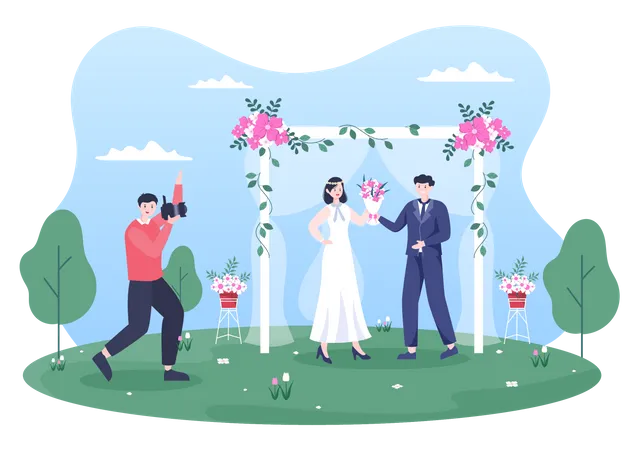 Wedding Studio Photo Flat Design Photographer Shooting Model Man And Women With A Wedding Theme Or Bridal Couple Use Camera In Cartoon Style Vector Illustration Illustration