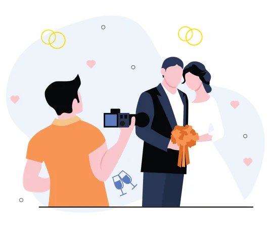 Wedding Concept With People Scenes Set In Flat Design Bride And Groom Married At Ceremony Bridesmaids Catching Bouquet Couple Photo Dancing Vector Illustration Visual Stories Collection For Web Illustration