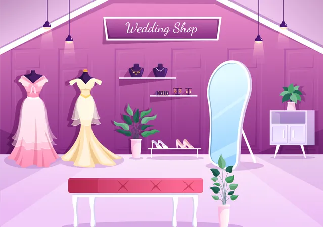 Wedding Shop With Jewelry Beautiful Bride Gowns And Accessories Suitable For Poster In Flat Cartoon Hand Drawn Template Illustration Illustration