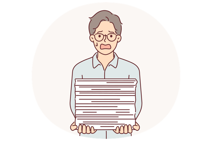 Weeping businessman with bunch of paperwork  suffering from paperwork overload and bureaucracy  Illustration
