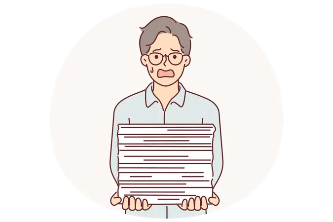 Weeping businessman with bunch of paperwork  suffering from paperwork overload and bureaucracy  Illustration