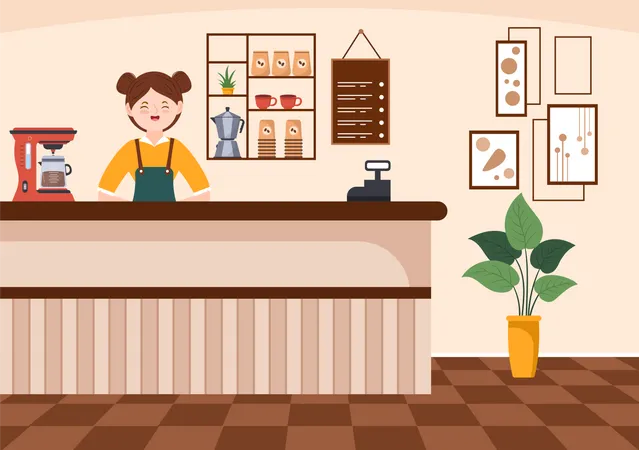 Weibliche Coffee-Shop-Besitzer warten auf Kunden  Illustration