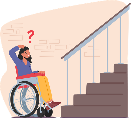 Weibliche Figur im Rollstuhl versucht, die Veranda eines Gebäudes ohne Rampe zu erreichen  Illustration