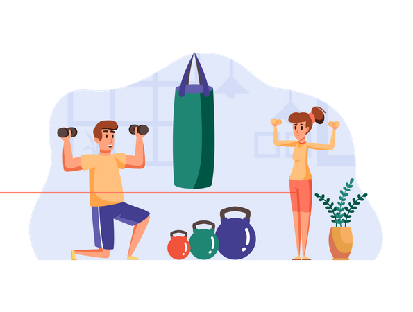 Weibliche Fitnesstrainerin erteilt männlichen Kunden Anweisungen  Illustration