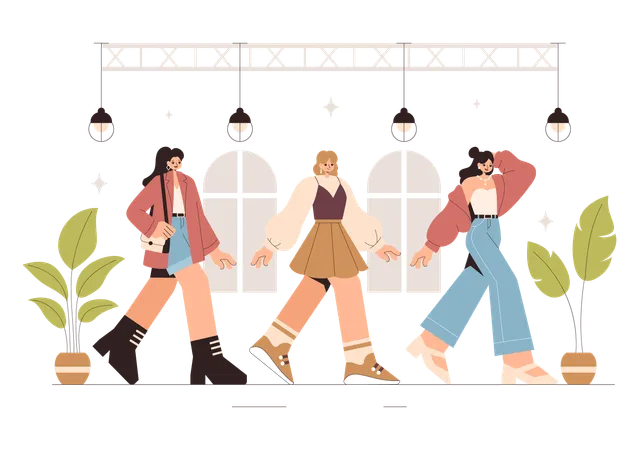 Weibliche Models präsentieren trendige neue Outfits  Illustration