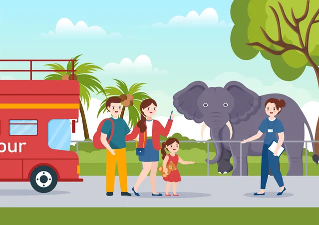 Weibliche Reiseleiterin zeigt Touristen den Zoo  Illustration