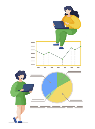 Weibliche Teamkolleginnen, die an der Datenanalyse arbeiten  Illustration